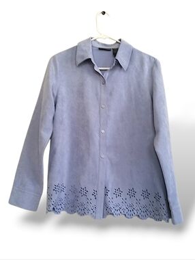 Relativity Lavender Suede Button-Down Shirt Laser-Cut Hem Soft Femme Blue Purple
